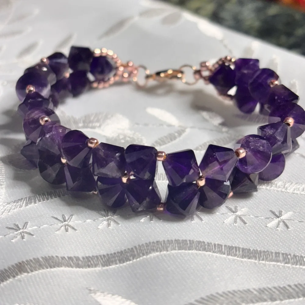 Handmade Amethyst Gemstone Bracelet rose gold tone lobster claw clasp 7.5 inches - Picture 1 of 9
